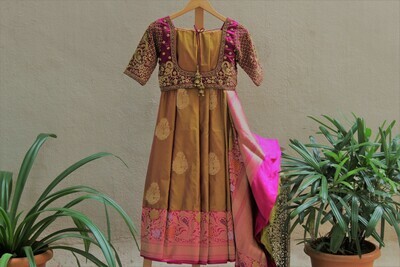 Golden Pink Banarasi Pure Silk Saree with Grand Peacock Designer Blouse