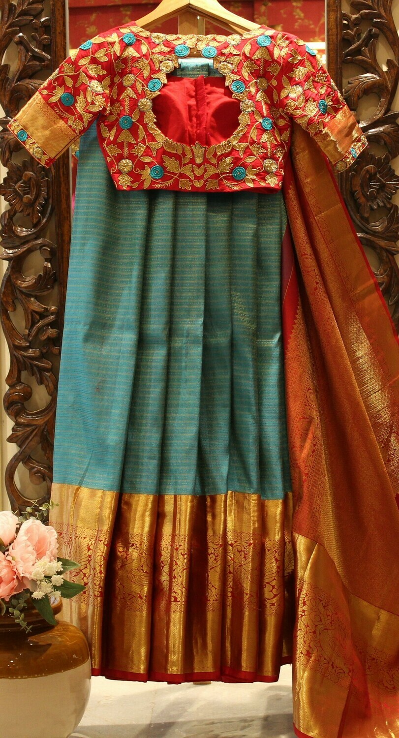 SeaGreen Pure Silk Kanchi Saree with Royal Designer Blouse