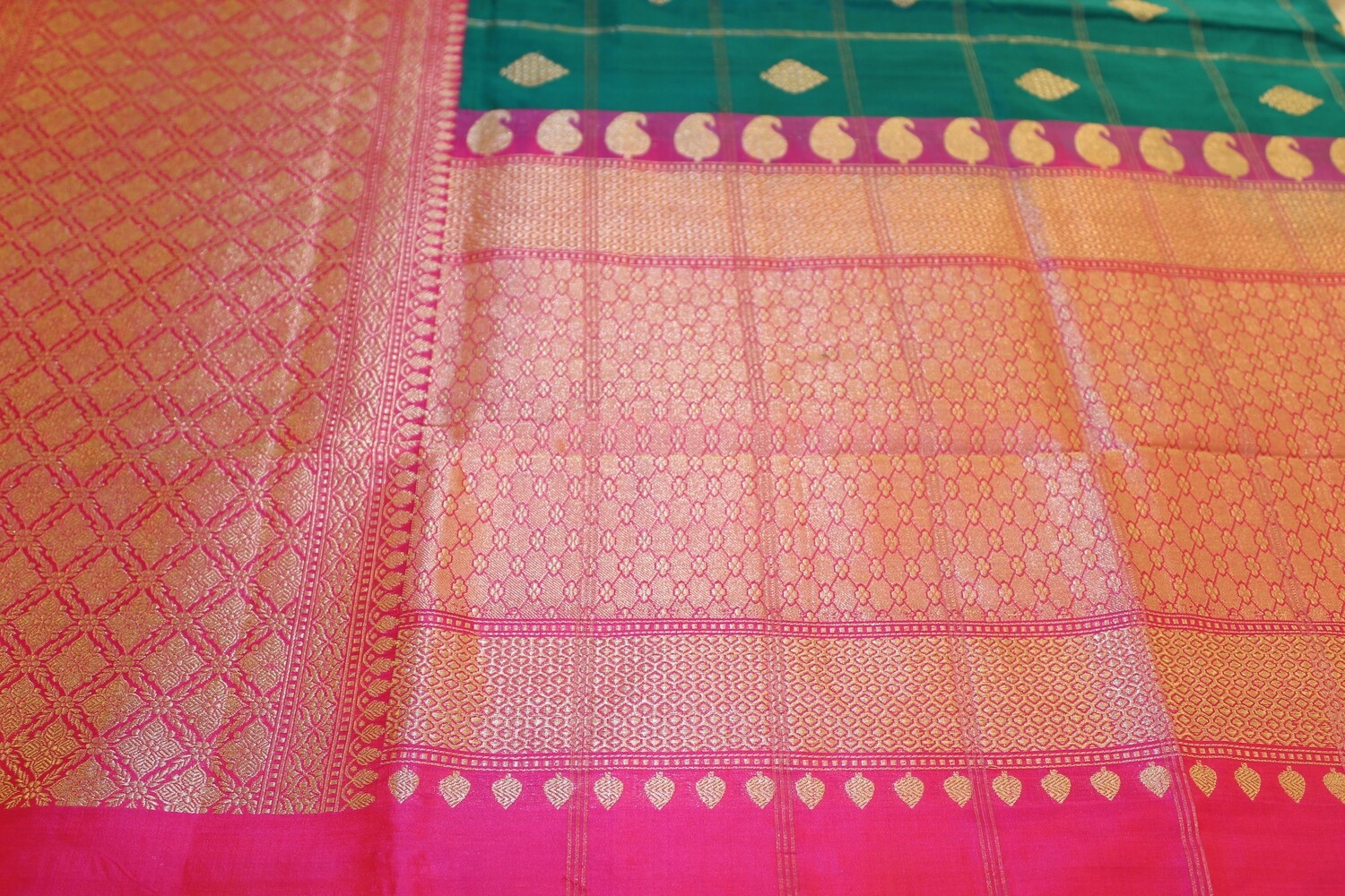 Blush green and pink pure silk saree