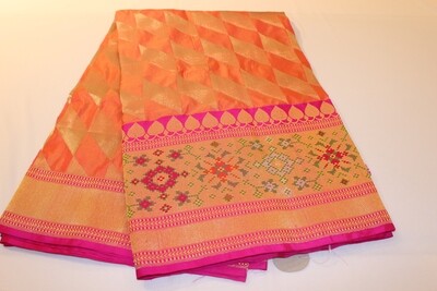 Orange and Silver Geometric Pure Silk Banarasi Saree with Floral Meenakari Border and Pallu​