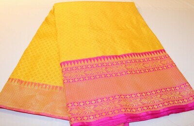 Yellow Pink Pure Katan Silk Banarasi Handloom Saree with Kadiyal Pink border