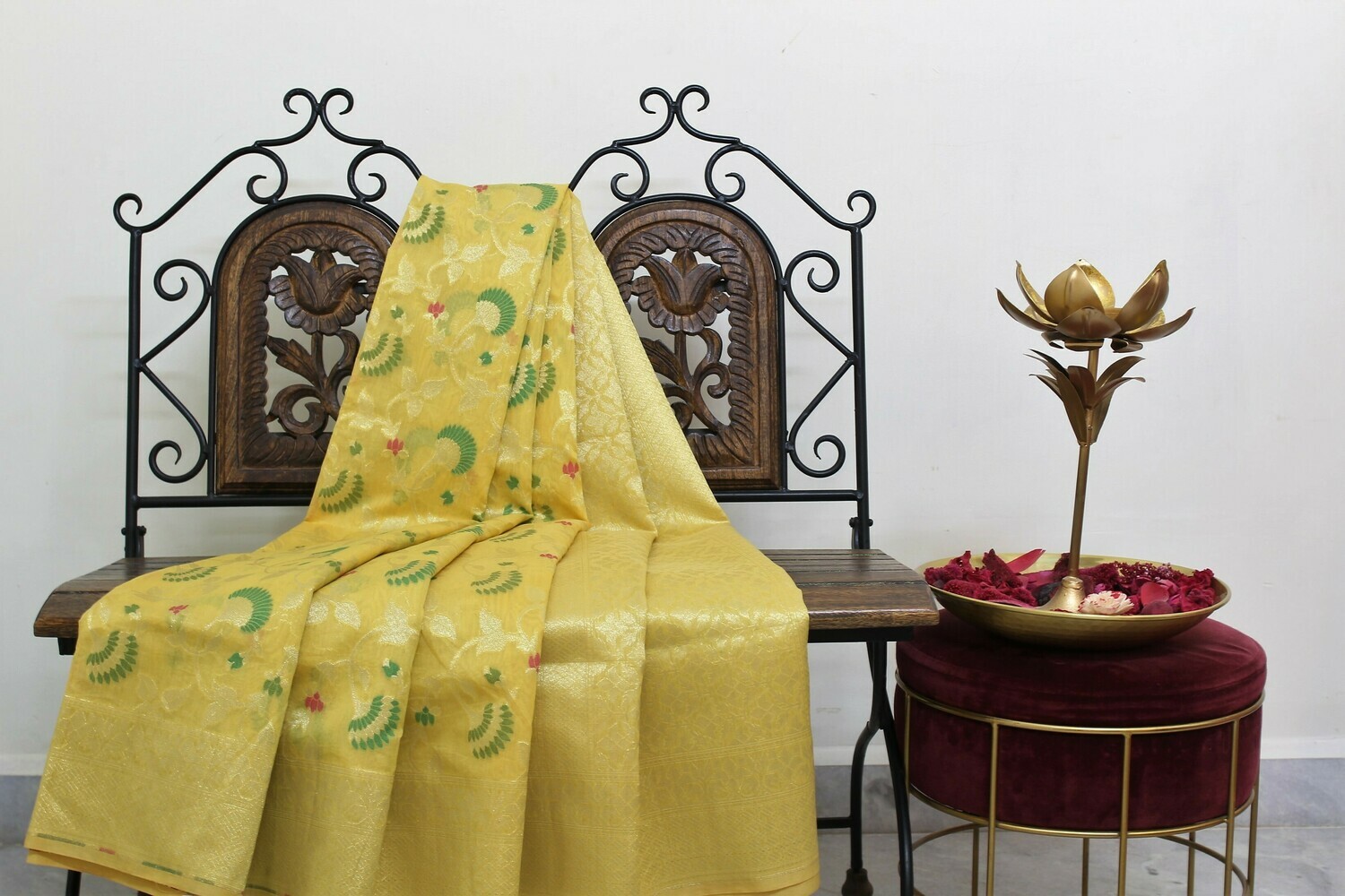 Yellow Banarasi Jaamdani Handloom Saree with Meenakari  Jaal Weaving and Zari Pallu