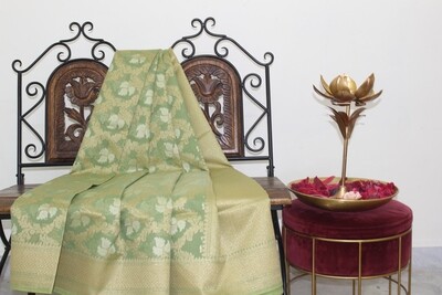 Pista Green Banarasi Jaamdani Handloom Saree with  Jaal Weaving and Zari Pallu