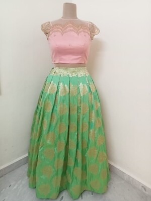 Banaras Long Skirt - Pink Scalloped Crop Top