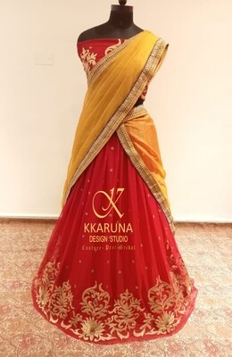 Red and Gold Half Saree with Yellow Dupatta