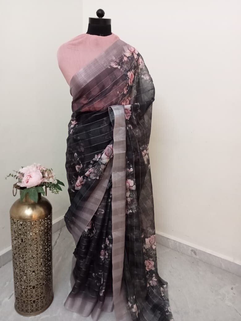 Black Floral Zari Striped Lenin Silk Saree