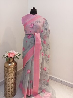 Gray Orgenza Saree With Pink Resham Embroidery
