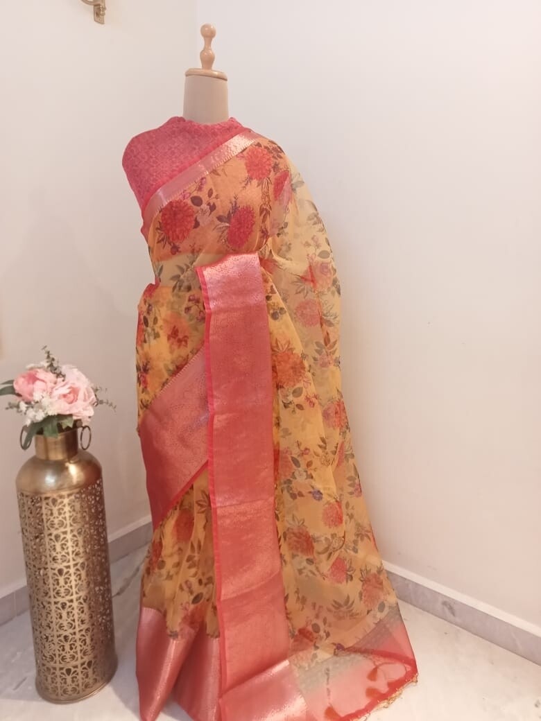 Floral Organza Saree with Zari Border