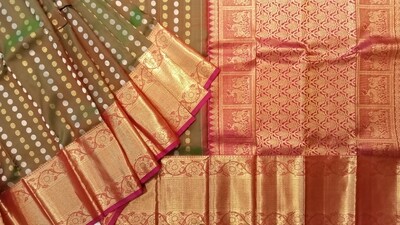 Olive green and pink shaded kanchi with pink border