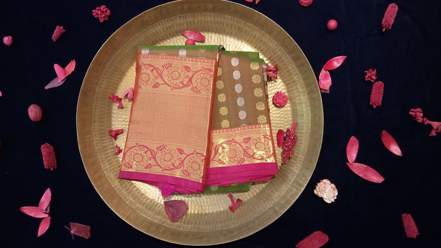 Olive green and pink shaded kanchi with pink border