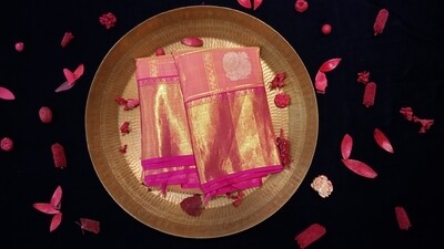 Peach pink checks kanchi with rani pink border