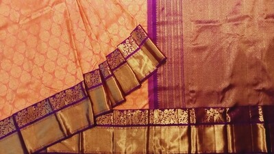 Peach kanchi saree with purple and zari border