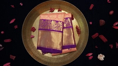 Peach kanchi saree with purple and zari border