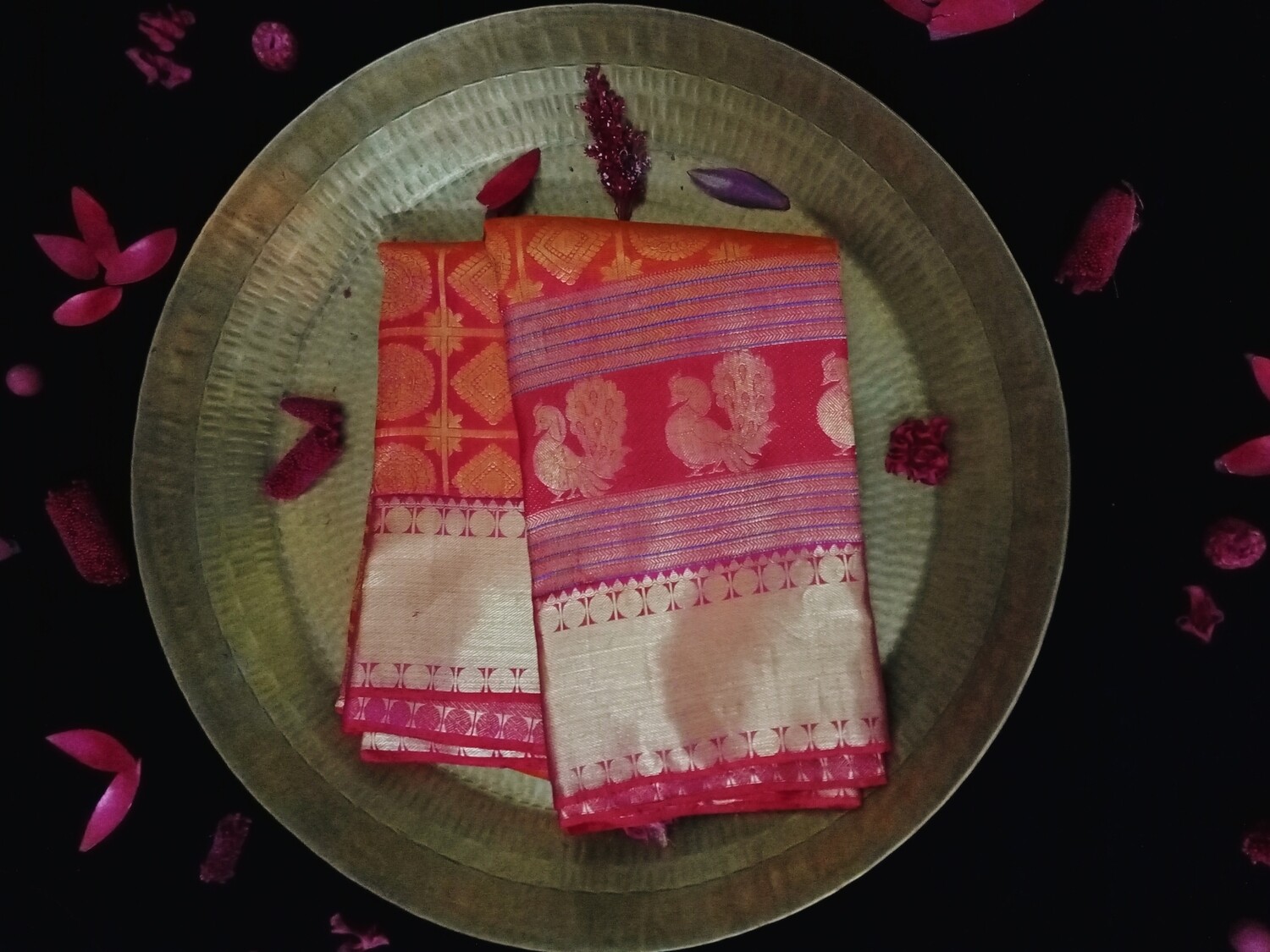 Orange pink checks kanchi saree with zari pink red border