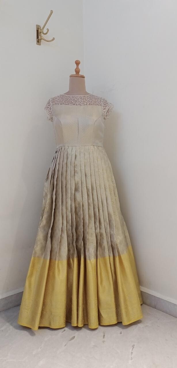 Gold and Silver Banarasi Silk Fusion Gown with sequin embellishment on sheer net
