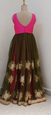 Bottle Green and Pink Long Gown