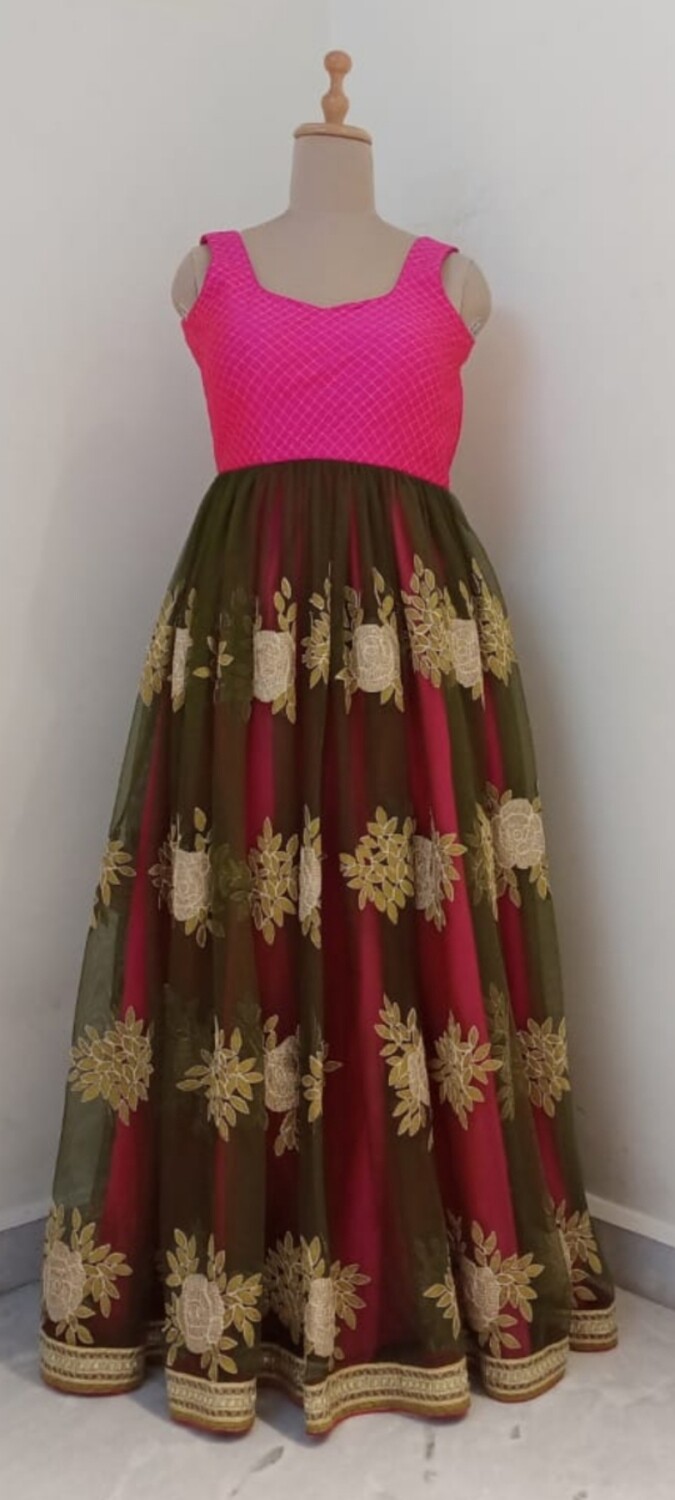 Bottle Green and Pink Long Gown