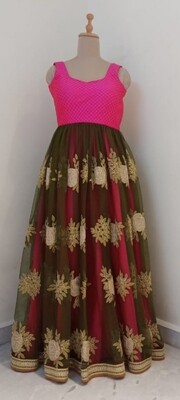 Bottle Green and Pink Long Gown