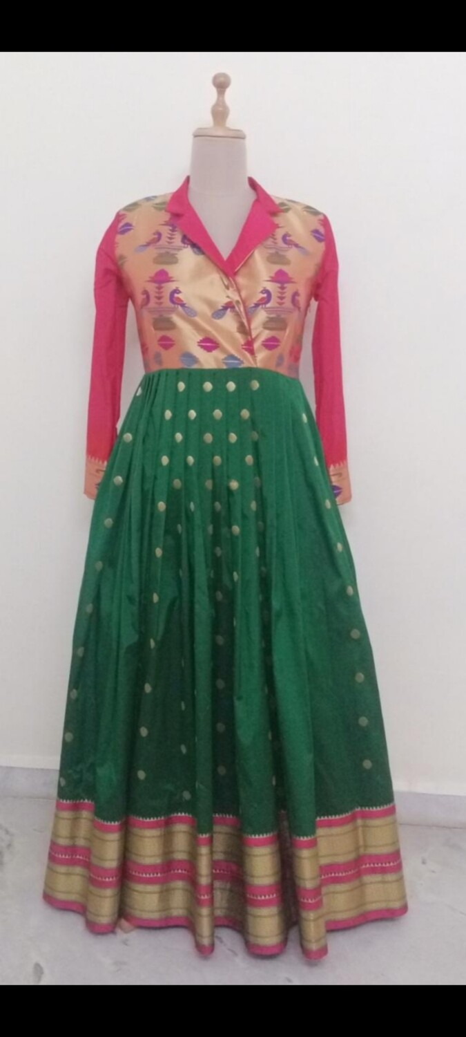 Green and pink paithani Silk long gown