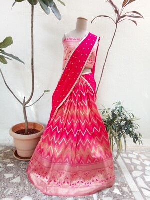 Self-design Pink Blended Banarasi Lehenga