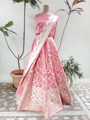 peach colour organza self-design lehenga