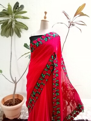 Ruby Red colour Georgette saree ...