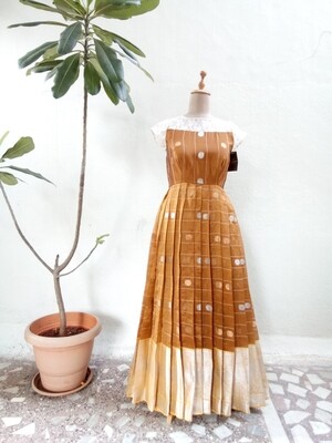 Mustard yellow and Silver Banarasi Silk Fusion Gown with sequin embellishment on sheer net