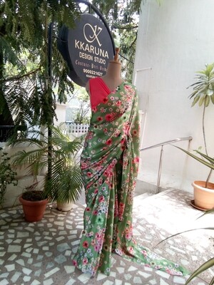 Mint green colour satin Georgette saree