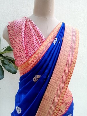 Blue and peachish pink Banaras pure silk saree