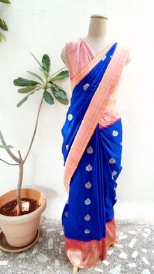 Blue and peachish pink Banaras pure silk saree