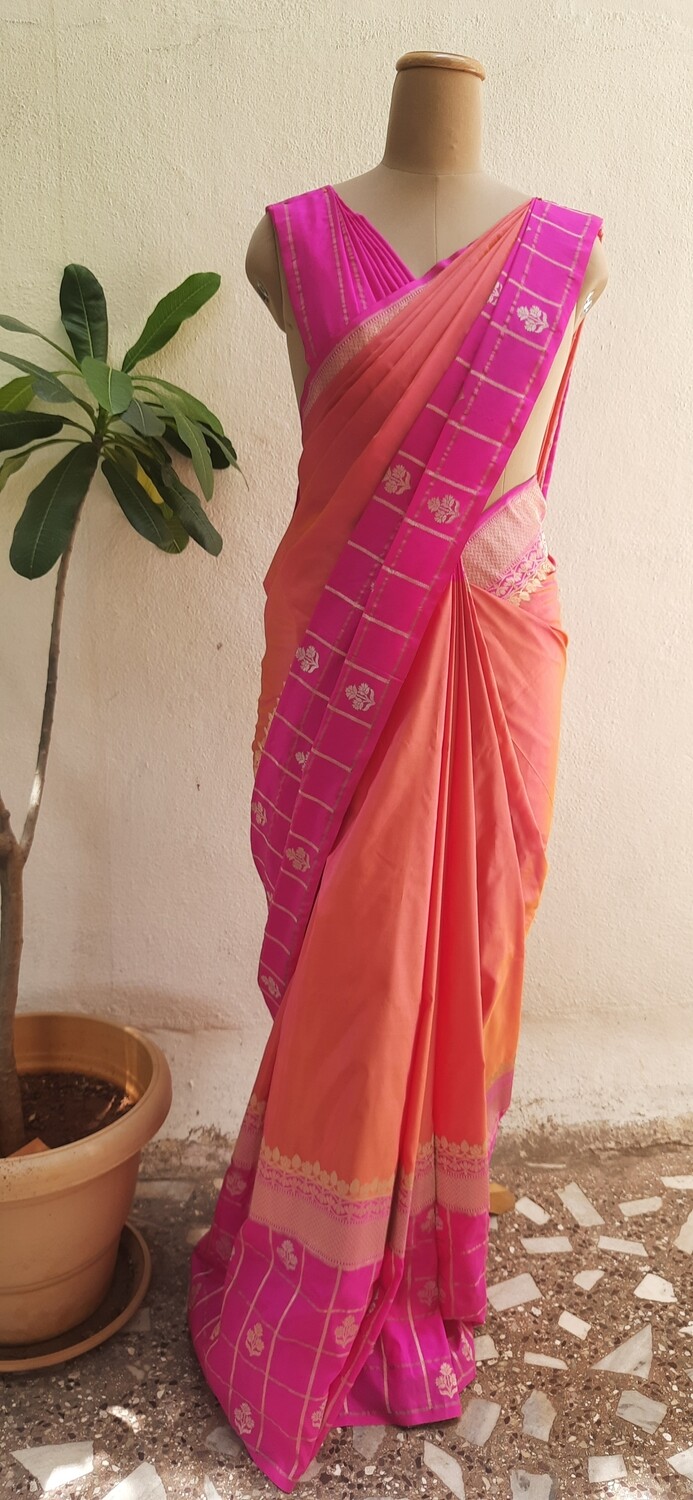 pinkish Orange Handloom Banarasi silk saree