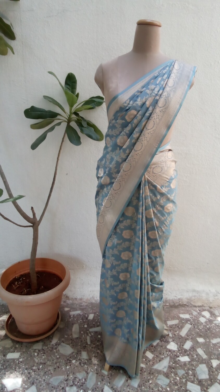 Steel blue Banarasi silk saree