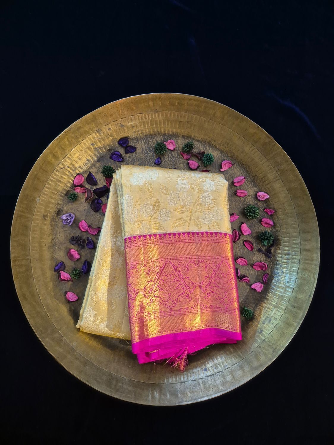 Luxurious Golden Brocade Saree with Maroon Border.