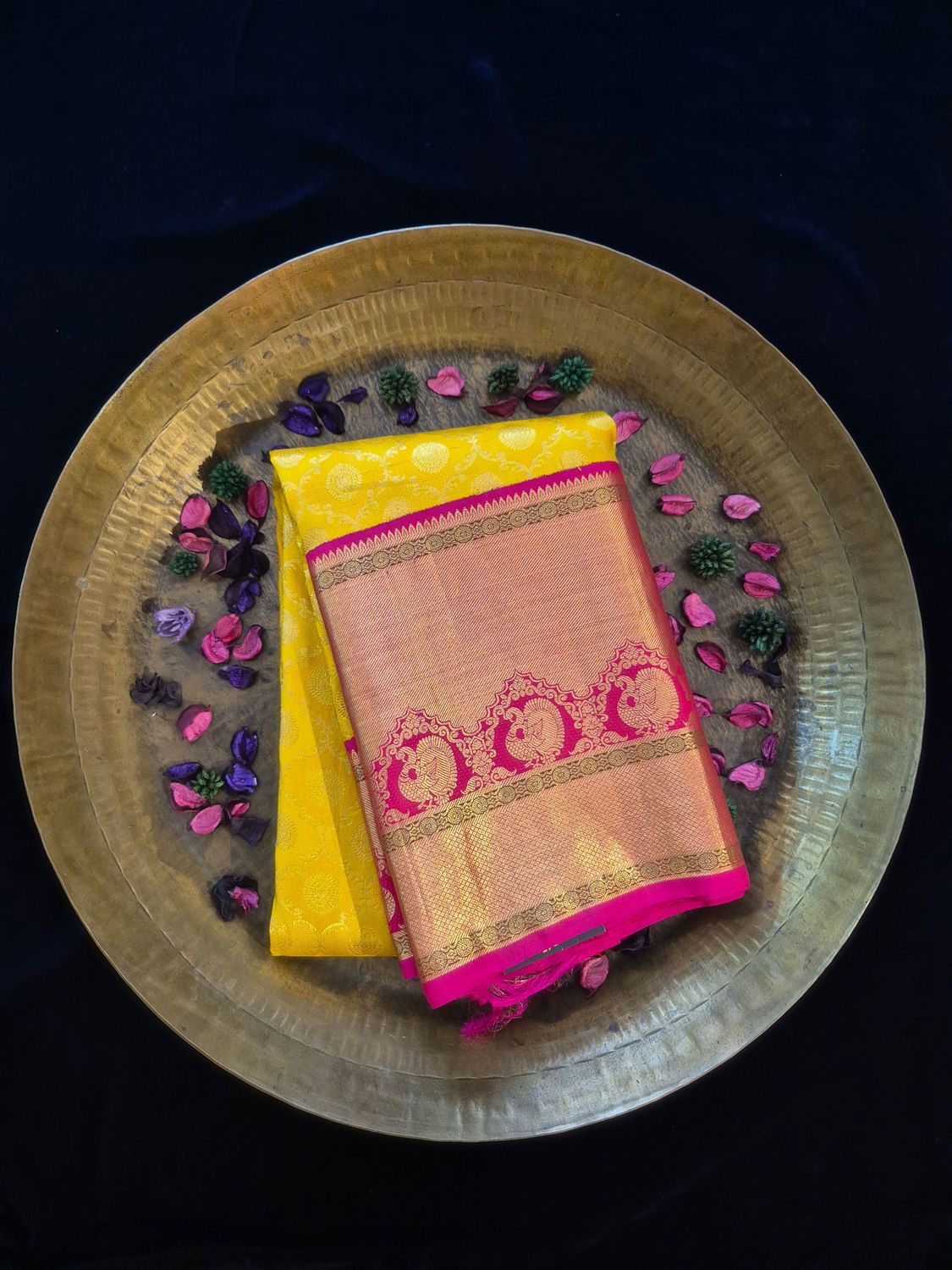 Vibrant Yellow and Pink Kanjivaram Silk Saree with Gold Zari Border.