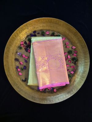 Elegant Two-Tone Silk Saree with Gold Motifs and Floral Pattern.