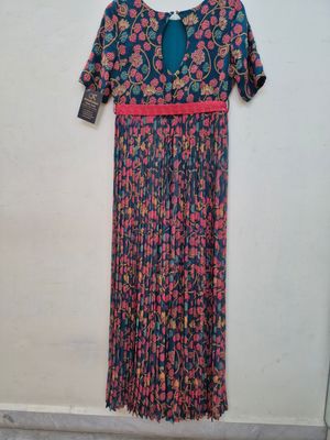 Vibrant Floral and Abstract Pattern Dress with Lace Waistline.