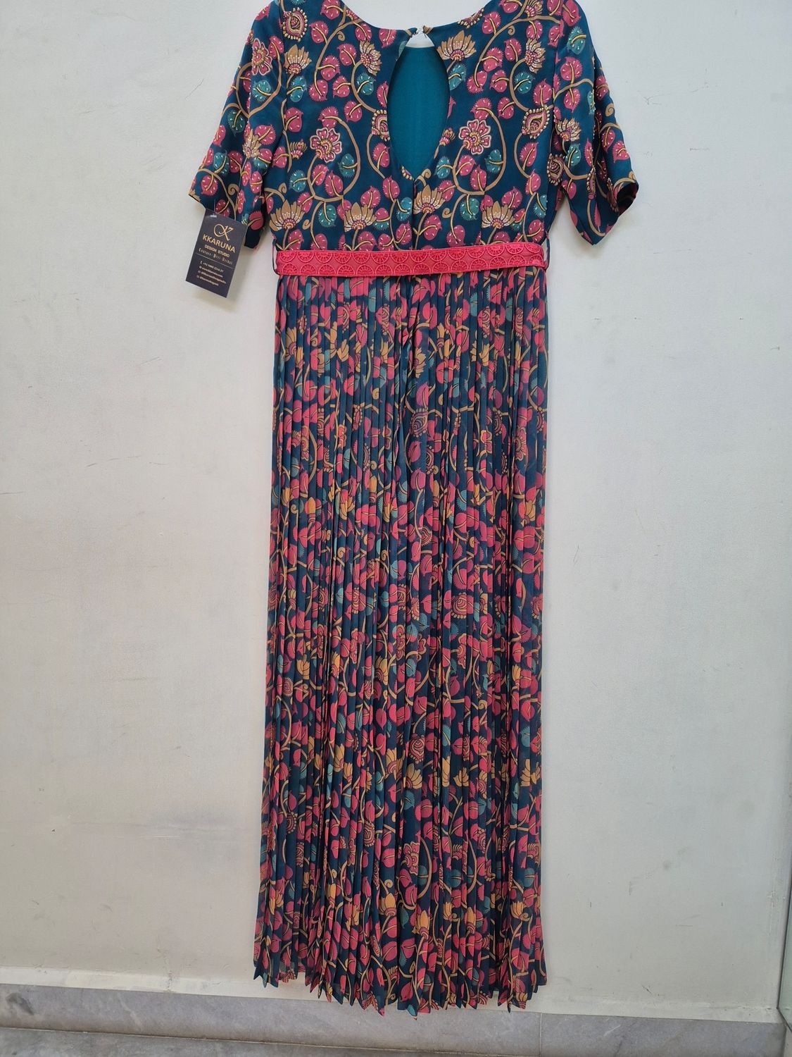 Vibrant Floral and Abstract Pattern Dress with Lace Waistline.
