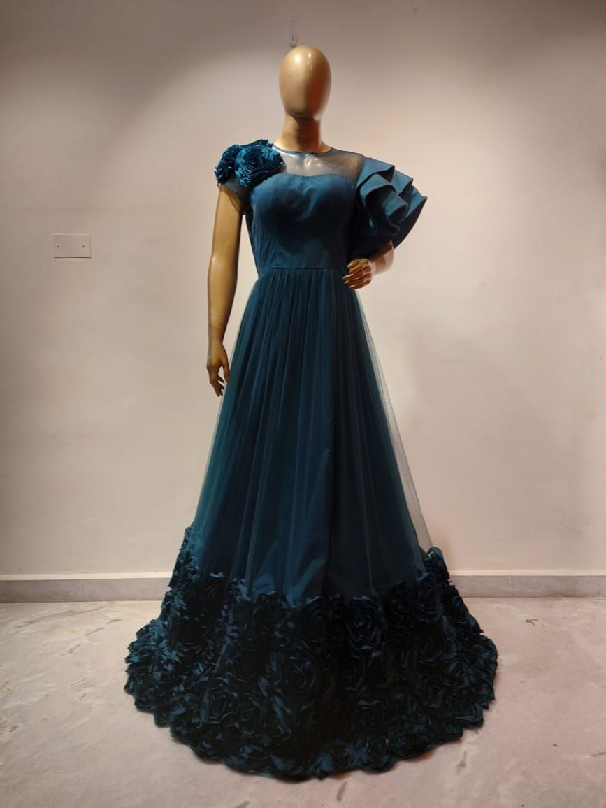 Elegant Navy Blue Evening Gown with Asymmetric Ruffled Shoulder.
