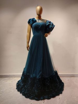 Elegant Navy Blue Evening Gown with Asymmetric Ruffled Shoulder.