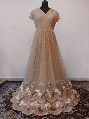  Elegant Beige Floral Embellished Gown.