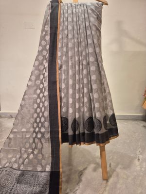 Grey Polka Dot Saree with Black Border Detailing.