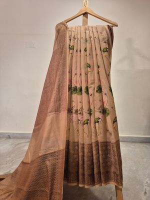  Beige Saree with Lotus Motif and Brown Border.