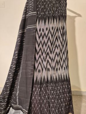 Handwoven Black and Gray Ikat Silk Saree.