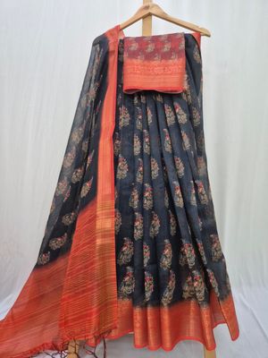 Exquisite Black Floral Saree with Rich Orange Border.