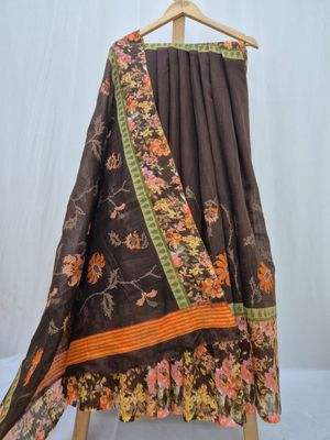 Floral Embroidered Brown Saree with Vibrant Border.