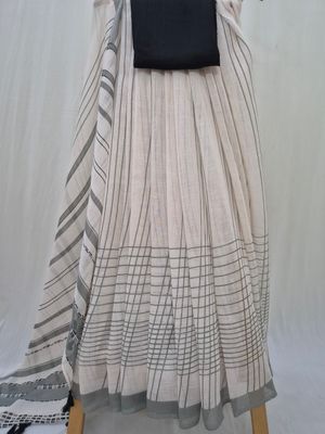 Traditional White Handwoven Cotton Saree with Black Stripes.