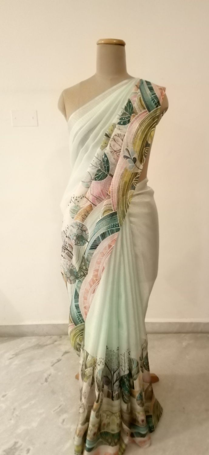 Beautiful Blue Green Digital Printed Kota Saree 