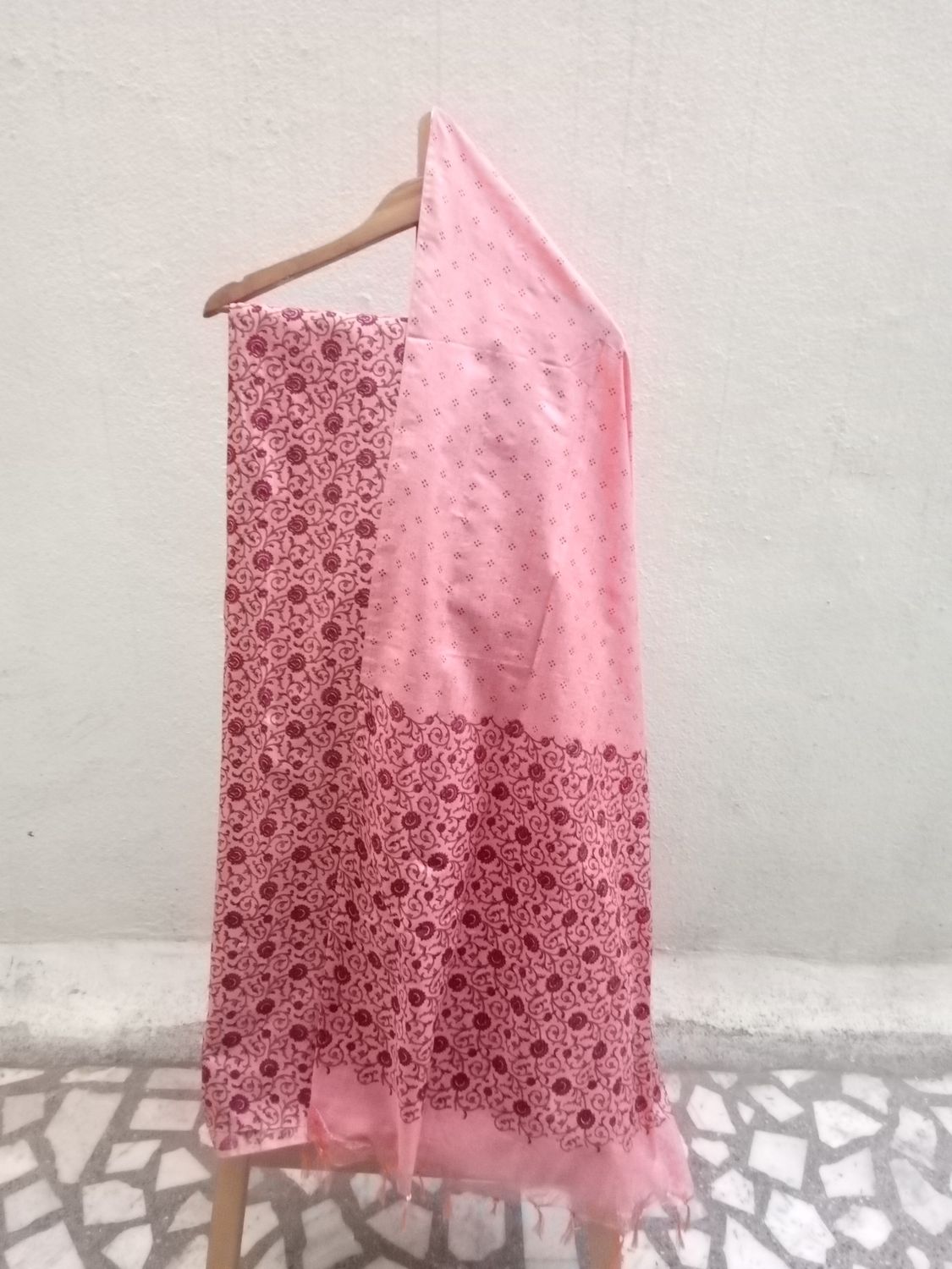 Light Peach Colour Floral Block Print Silk Salwar Suit 