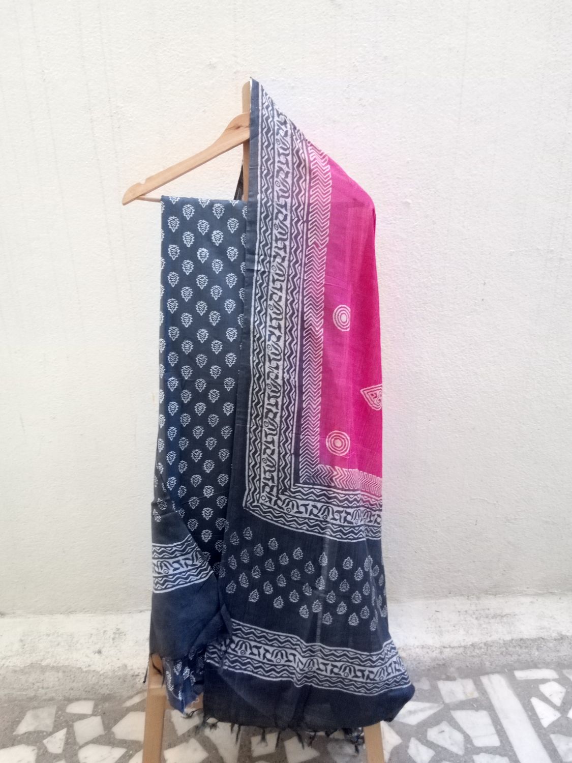 Thickest Grey Ajrakh Handblock Print Silk Material 