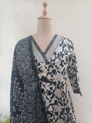 Black and white pure Cotton Anarkali set 